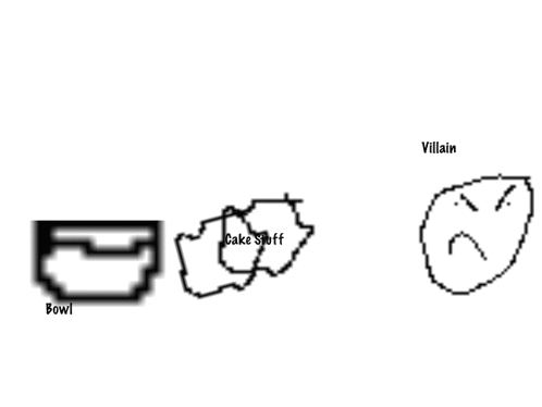 a black and white drawing of a bowl cake stuff and a villain with swords