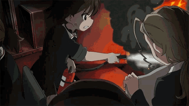 a girl is using a fire extinguisher to put out a fire in a room