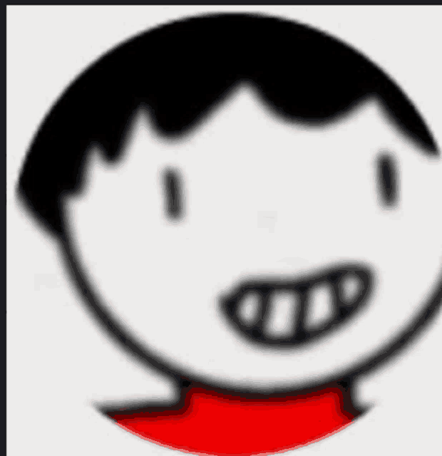 a close up of a cartoon character 's face with black hair and a red shirt .