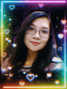 a woman with glasses is surrounded by hearts