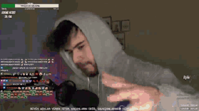 a man wearing a hoodie is playing a video game on twitch