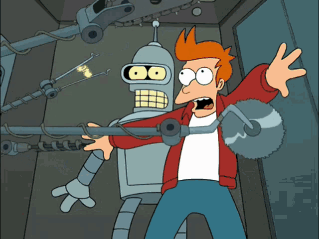 futurama characters fry and bender are standing in front of a machine with the number 7 on it