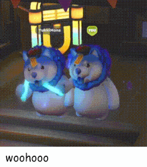 two glow in the dark stuffed animals are standing next to each other in front of a sign that says " you "