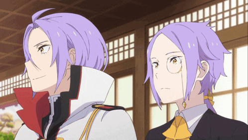 a couple of anime characters with purple hair and glasses