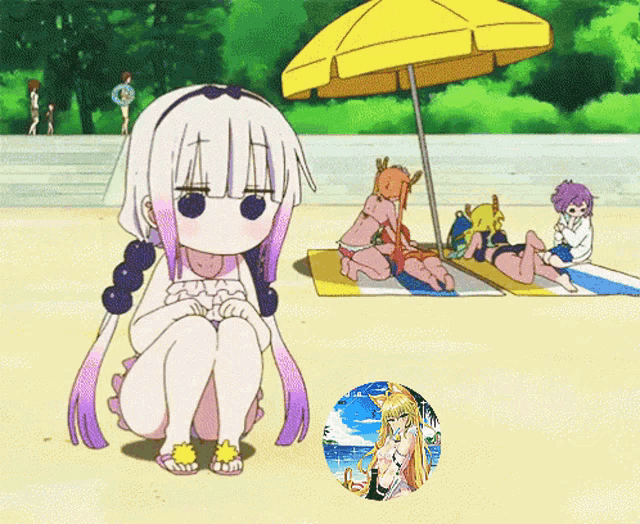 a girl with purple hair is sitting on a beach with a yellow umbrella in the background
