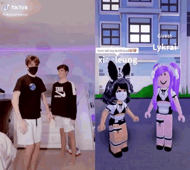 a man wearing a nike shirt is standing next to a girl wearing a mask ..