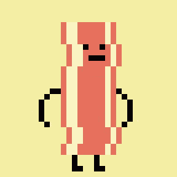 a pixel art drawing of a bacon stick with arms and legs
