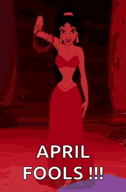 jasmine from aladdin is dancing in a red dress with the words `` april fools ! ''