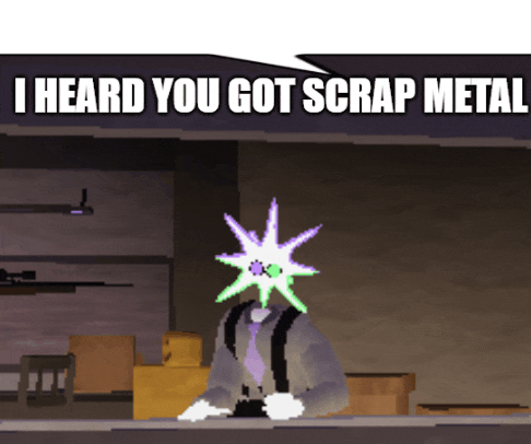 a man in a suit and tie is standing in front of a sign that says i heard you got scrap metal