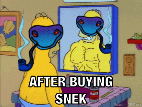 homer simpson is looking at himself in a mirror with a snake mask on his face