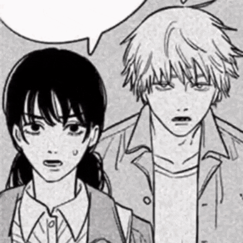 a black and white drawing of a boy and a girl standing next to each other with a speech bubble .