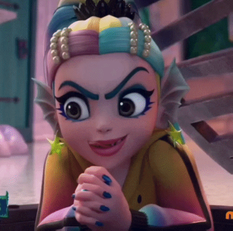 a cartoon character with a rainbow hair and blue nails