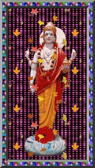 a picture of a statue of a deity with leaves flying around him