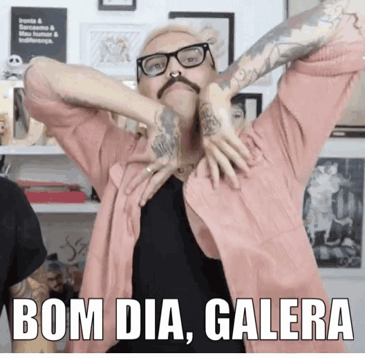a man with glasses and a mustache is wearing a pink jacket that says bom dia galera