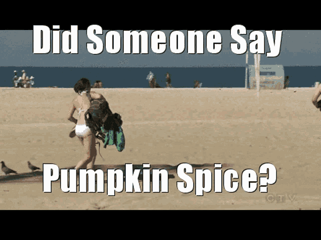 a picture of a woman on a beach with a caption that says did someone say pumpkin spice
