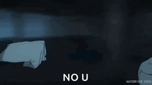 a person is laying on a bed with their hands up and the words `` no u '' written next to them .