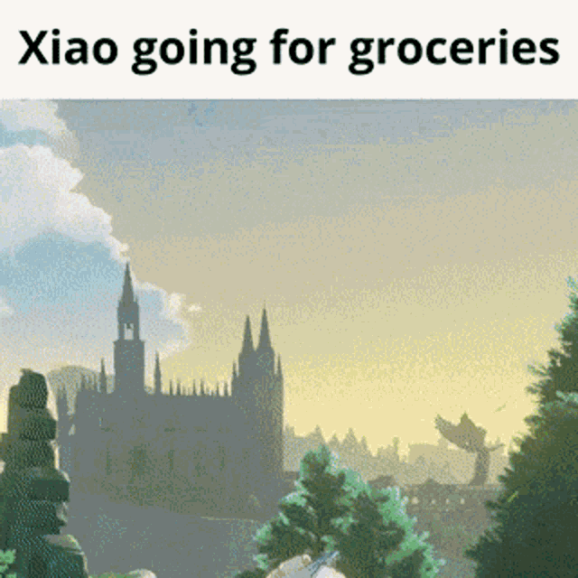 a picture of a castle with the words xiao going for groceries below it