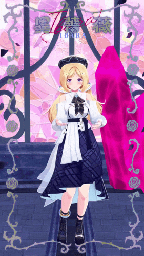 a girl with blonde hair is standing in front of a stained glass window