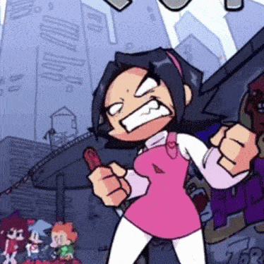 a cartoon girl in a pink dress is holding a sausage in her hand