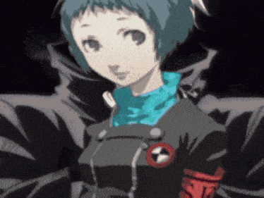 a girl with blue hair is wearing a black jacket with a red armband with the letter r on it
