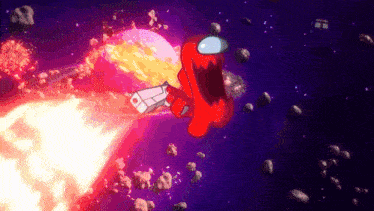 a red among us character is flying through space with a rocket
