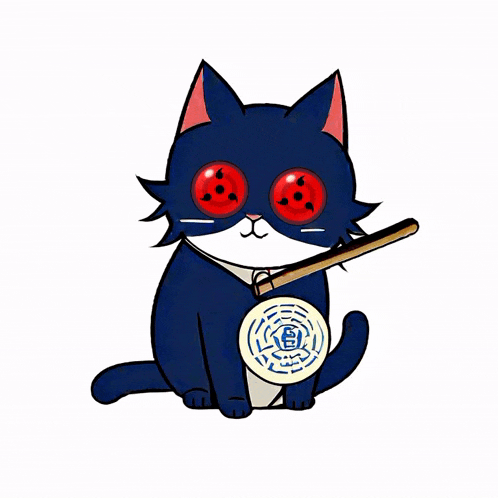 a black cat with red eyes is holding a fan