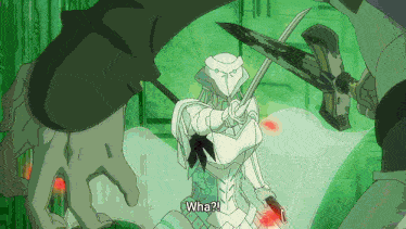 a cartoon character holding a sword and says wha