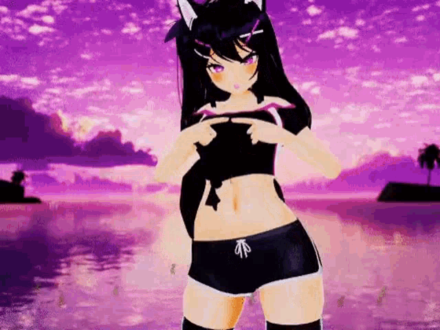 a 3d anime girl is standing next to a body of water .