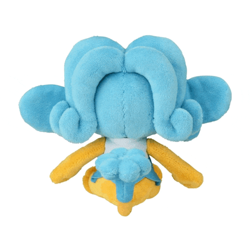 a stuffed animal with blue hair and a yellow body is smiling