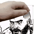 a black and white drawing of a man with a beard and sunglasses with a hand on his head .