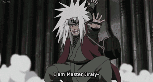 a cartoon character with white hair and a helmet says i am master jiraiya