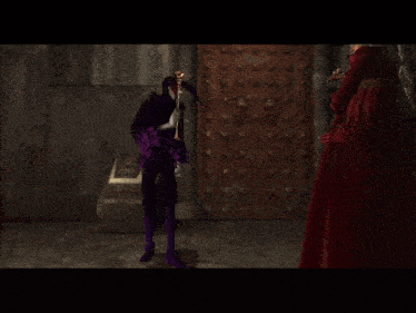 a purple clown is holding a rope in a dark room