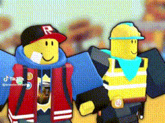 two roblox characters are standing next to each other . one of the characters is wearing a red jacket .