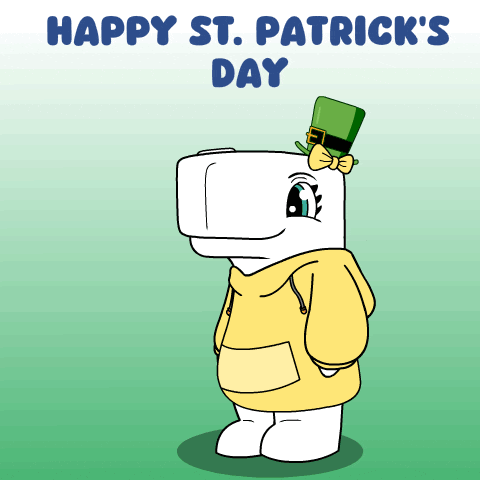 a happy st. patrick 's day greeting card with a cartoon character wearing a green leprechaun hat