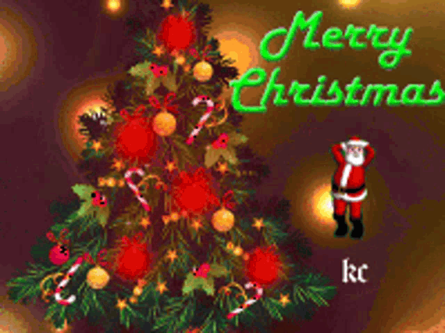 a merry christmas greeting card with a christmas tree and santa claus