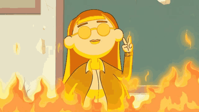 a cartoon character giving a peace sign while surrounded by fire