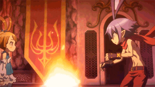 two anime characters are standing in front of a fire