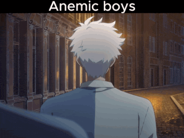 a man walking down a street with the words anemic boys on the bottom