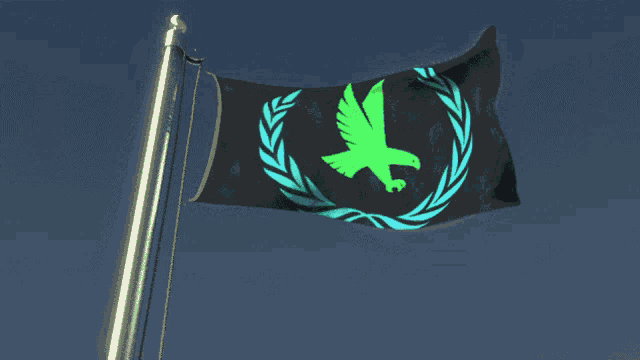 a black flag with a green eagle and laurel wreath on it
