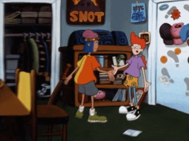 two cartoon characters standing in a room with a sign that says ' snot ' on it