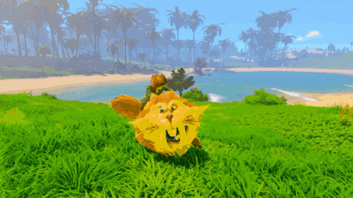 a cartoon lion is running through a grassy field with a beach in the background
