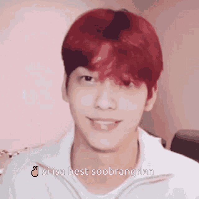 a close up of a person 's face with red hair and the words si isa best soobangdan
