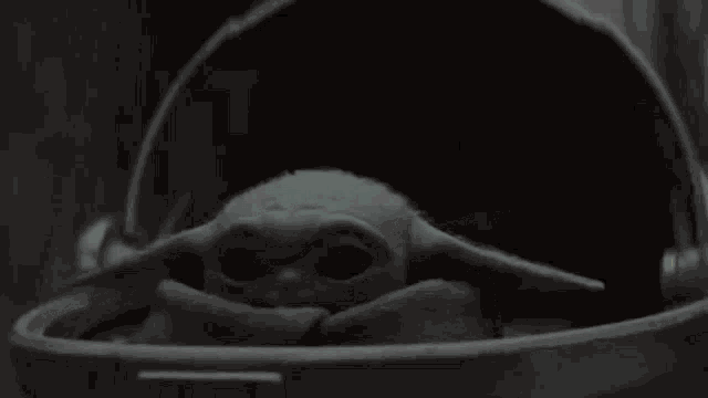 a baby yoda is sitting in a stroller with the words what written on it .