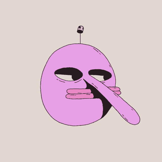 a cartoon drawing of a purple face with a yellow capsule on top of it