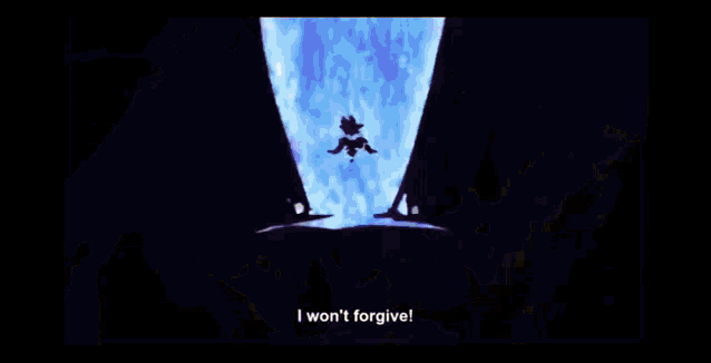 a cartoon character is standing on top of a rock and says i won t forgive .