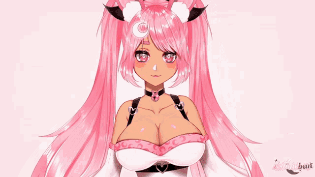 a girl with pink hair and a crescent moon on her head says grrr