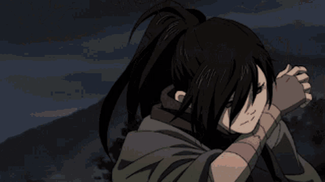 a black haired anime character is holding a sword
