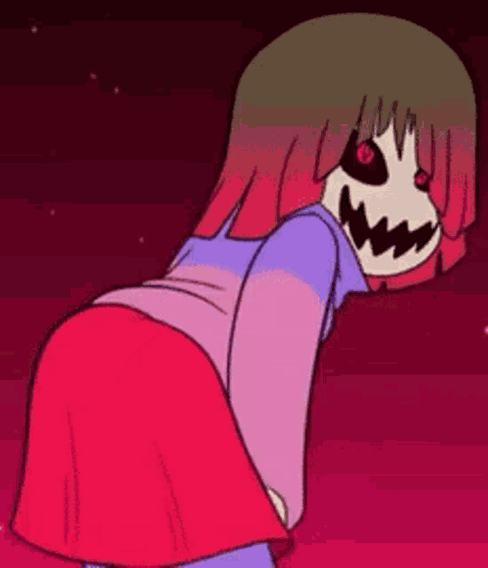 a cartoon of a girl with a skeleton face and a red skirt .