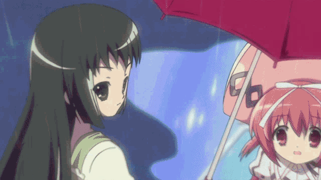 a girl holding an umbrella looks at another girl