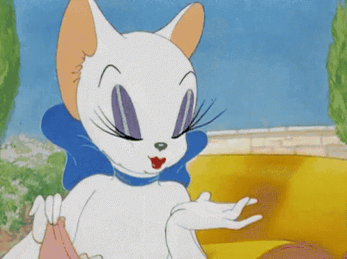 a cartoon cat with a blue bow on her neck